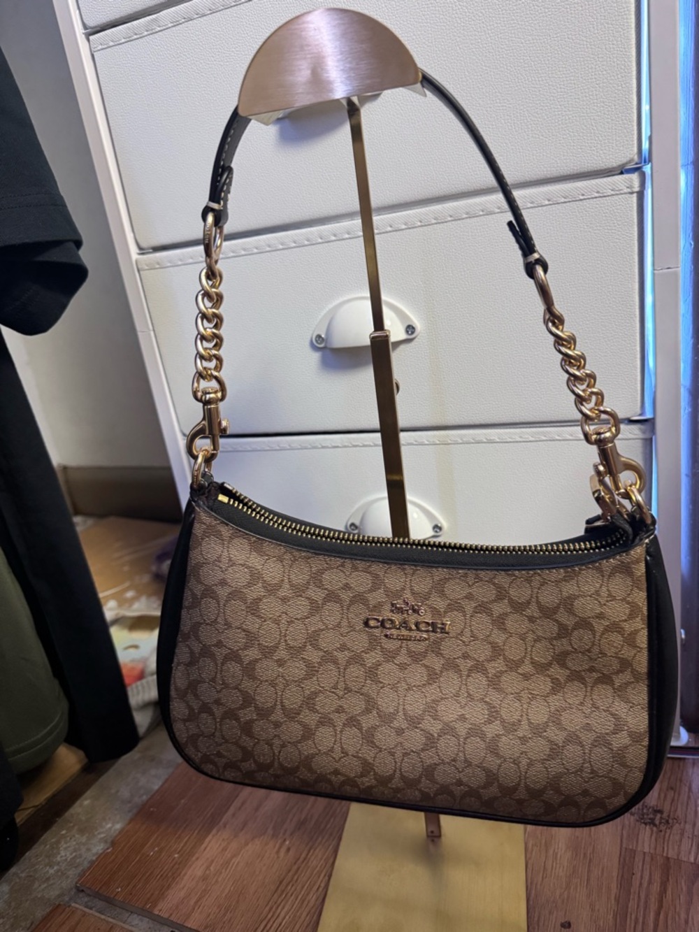 Coach Brown Signature Jacquard Shoulder Hobo with Gold Hardware
